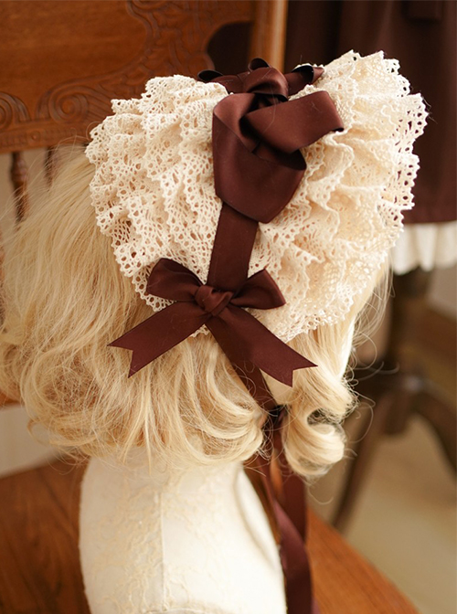 Classic Lolita BNT Layered Pleated Lace Design Brown Bow Knots Decoration Headband