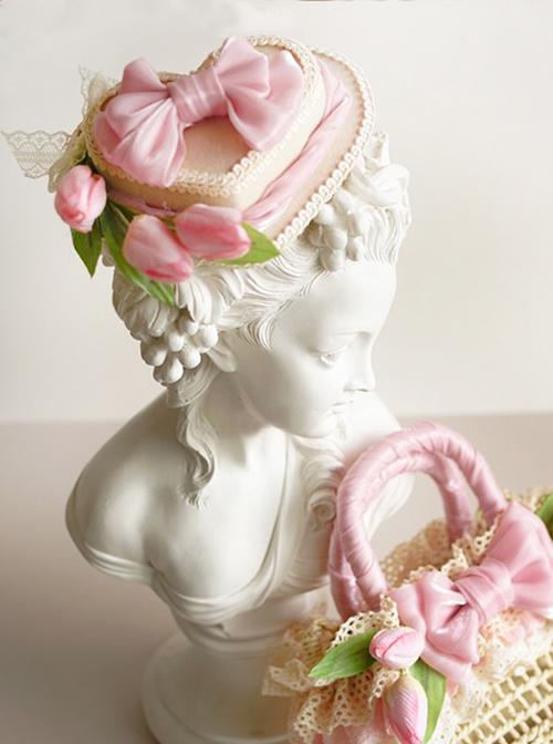 Heart-Shaped Three-Dimensional Design Tulip Flower Bow Knot Decoration Classic Lolita Hat