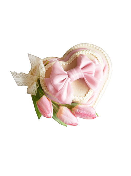 Heart-Shaped Three-Dimensional Design Tulip Flower Bow Knot Decoration Classic Lolita Hat