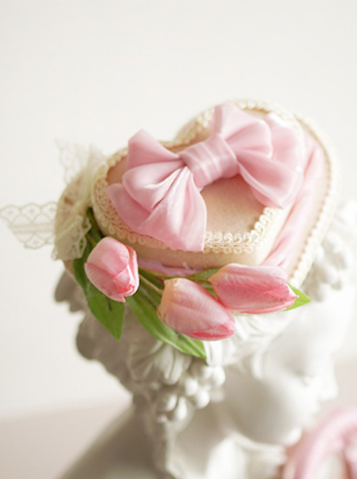 Heart-Shaped Three-Dimensional Design Tulip Flower Bow Knot Decoration Classic Lolita Hat