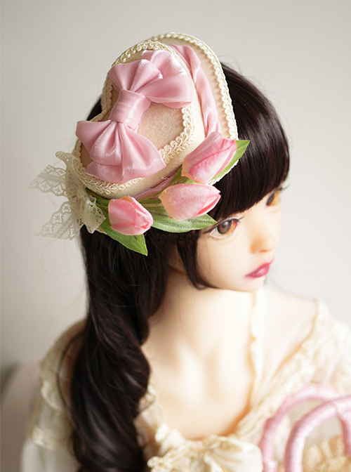 Heart-Shaped Three-Dimensional Design Tulip Flower Bow Knot Decoration Classic Lolita Hat