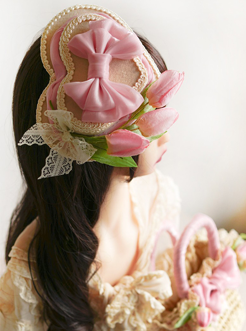 Heart-Shaped Three-Dimensional Design Tulip Flower Bow Knot Decoration Classic Lolita Hat