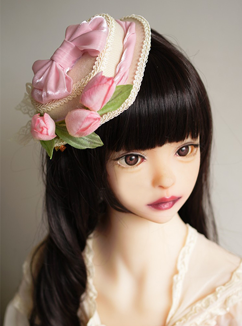 Heart-Shaped Three-Dimensional Design Tulip Flower Bow Knot Decoration Classic Lolita Hat