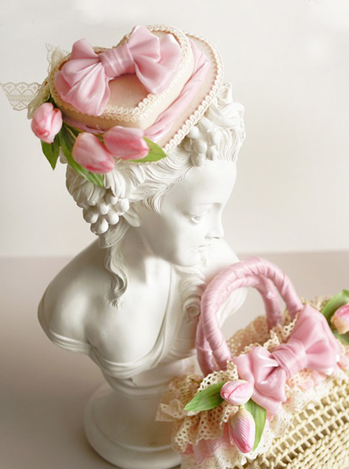 Heart-Shaped Three-Dimensional Design Tulip Flower Bow Knot Decoration Classic Lolita Hat