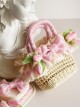 Classic Lolita Pleated Lace Tulip Flower Bow Decoration Cute Straw Woven Basket