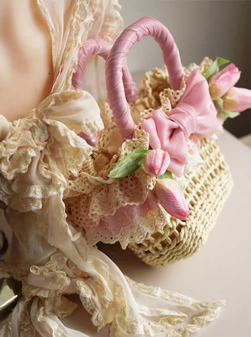 Classic Lolita Pleated Lace Tulip Flower Bow Decoration Cute Straw Woven Basket