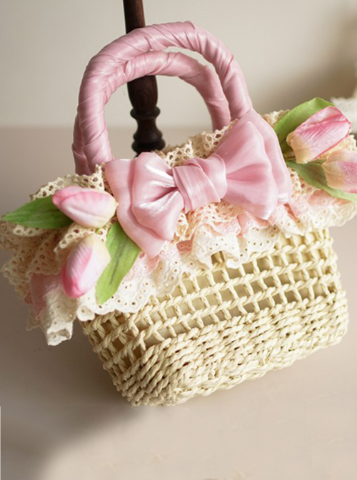 Classic Lolita Pleated Lace Tulip Flower Bow Decoration Cute Straw Woven Basket