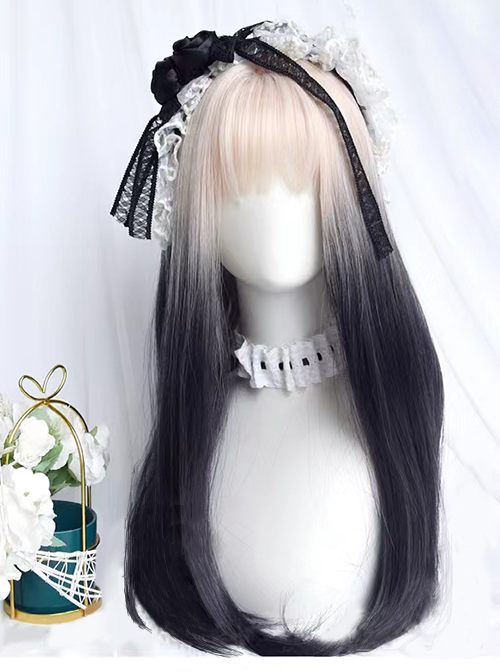 Black And White Gradient Sweet And Cool Gothic Style Air Bangs Lolita Long Straight Hair