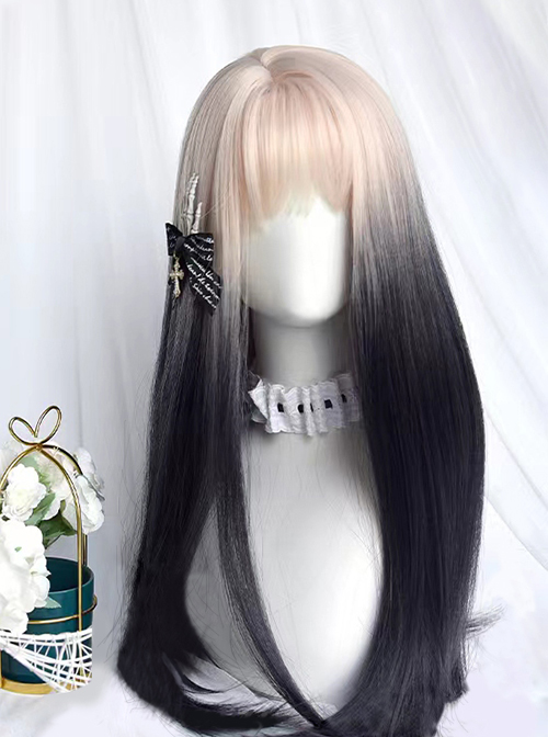 Black And White Gradient Sweet And Cool Gothic Style Air Bangs Lolita Long Straight Hair