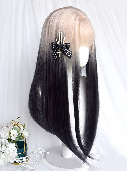 Black And White Gradient Sweet And Cool Gothic Style Air Bangs Lolita Long Straight Hair