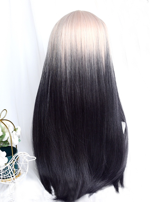 Black And White Gradient Sweet And Cool Gothic Style Air Bangs Lolita Long Straight Hair