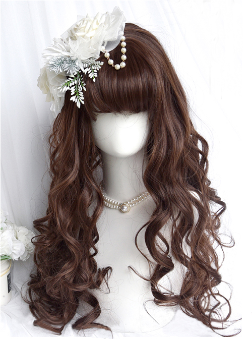 Classic Lolita Vintage French Style Wavy Curl Air Bangs Decoration Sweet Caramel Brown Long Hair Wig