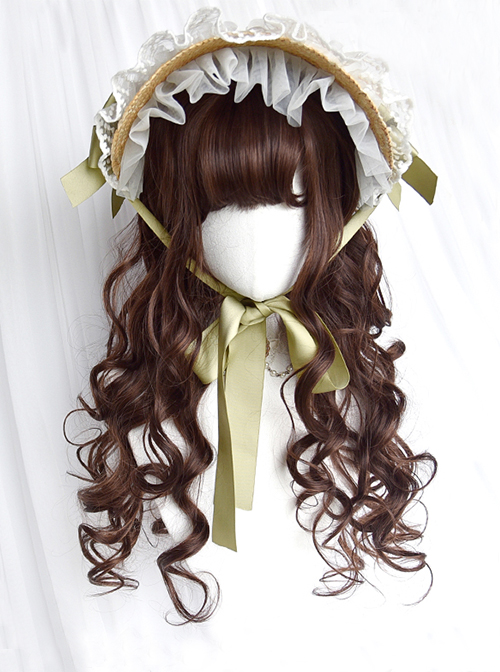 Classic Lolita Vintage French Style Wavy Curl Air Bangs Decoration Sweet Caramel Brown Long Hair Wig