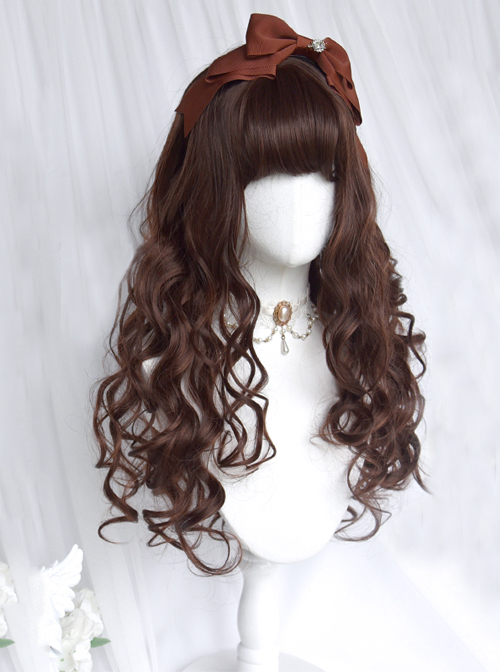 Classic Lolita Vintage French Style Wavy Curl Air Bangs Decoration Sweet Caramel Brown Long Hair Wig