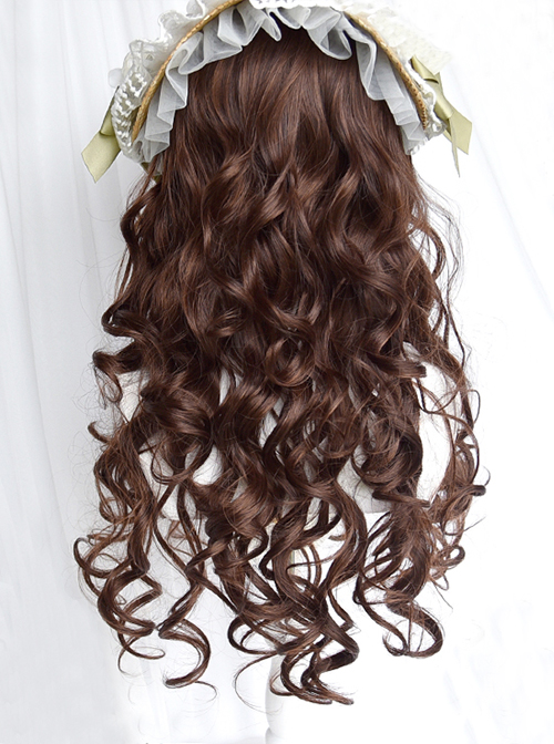 Classic Lolita Vintage French Style Wavy Curl Air Bangs Decoration Sweet Caramel Brown Long Hair Wig