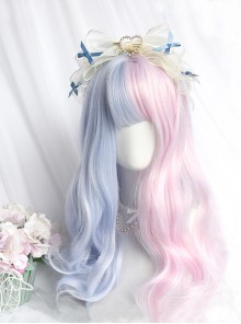 Soft Cute Pink Blue Stitching Medium Curly Hair Air Bangs Classic Lolita Long Wig