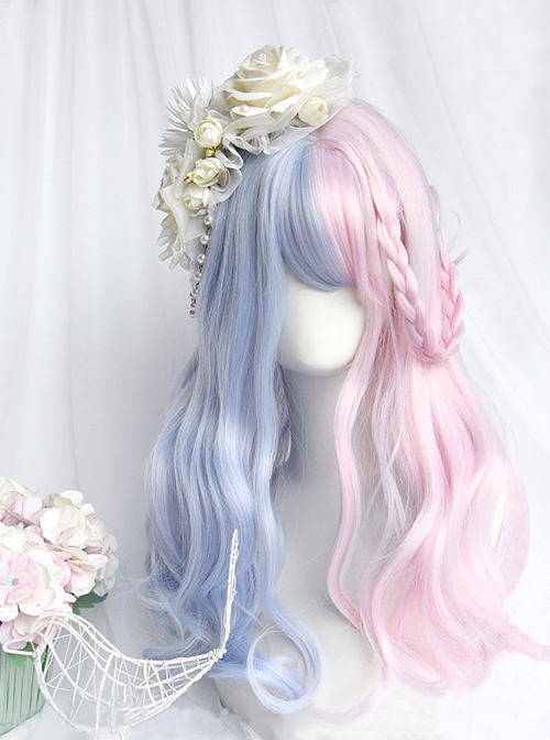 Soft Cute Pink Blue Stitching Medium Curly Hair Air Bangs Classic Lolita Long Wig