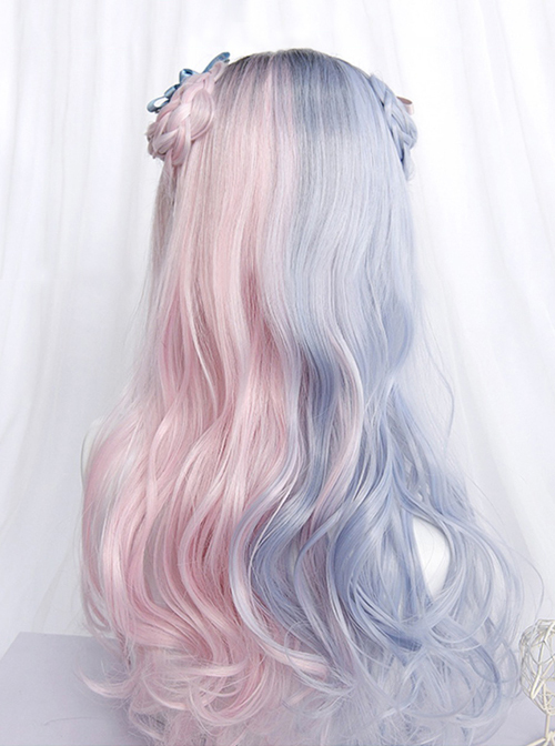 Soft Cute Pink Blue Stitching Medium Curly Hair Air Bangs Classic Lolita Long Wig