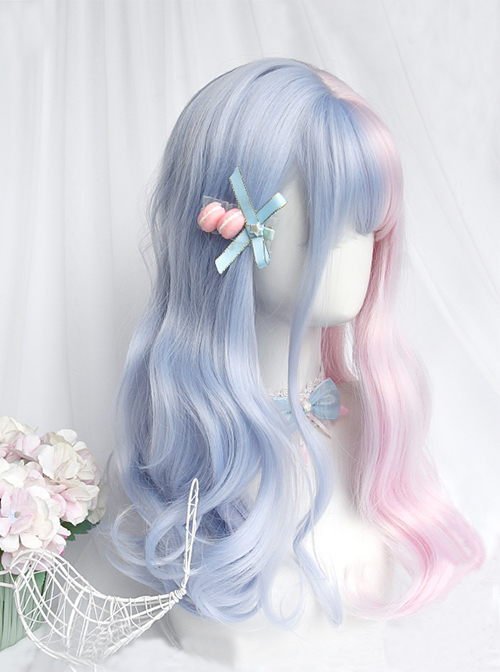 Soft Cute Pink Blue Stitching Medium Curly Hair Air Bangs Classic Lolita Long Wig