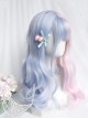 Soft Cute Pink Blue Stitching Medium Curly Hair Air Bangs Classic Lolita Long Wig