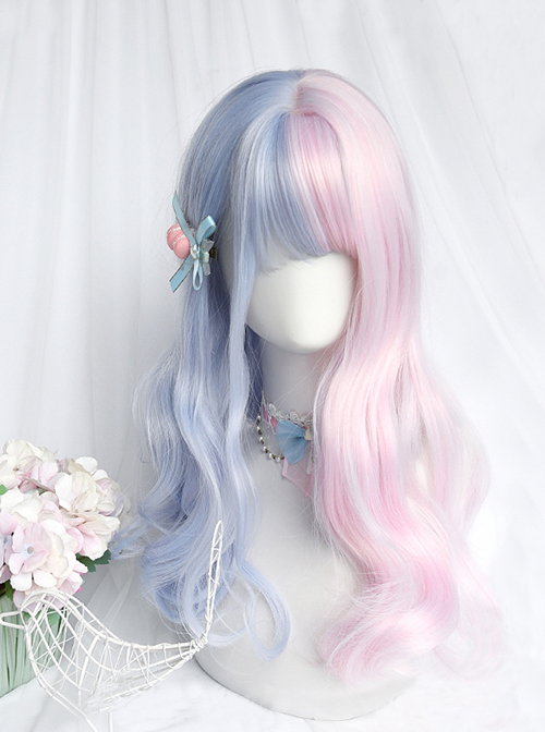 Soft Cute Pink Blue Stitching Medium Curly Hair Air Bangs Classic Lolita Long Wig