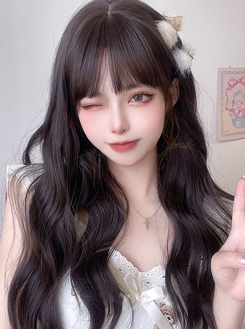 Everyday Simplicity Wavy Curl Sweet Lady Air Bangs Classic Lolita Long Curly Hair Wigs