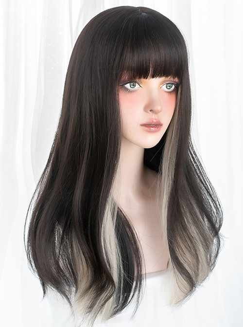 Personalized Beige Color Matching Black Simplicity Wavy Curl Sweet Lady Air Bangs Classic Lolita Long Curly Hair Wigs