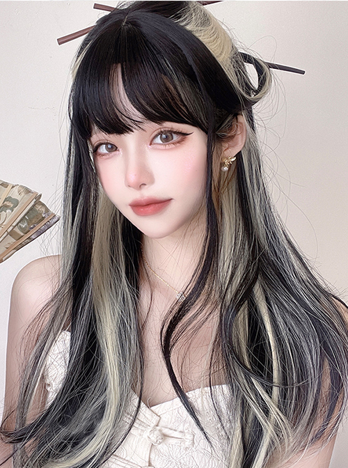 Personalized Beige Color Matching Black Simplicity Wavy Curl Sweet Lady Air Bangs Classic Lolita Long Curly Hair Wigs