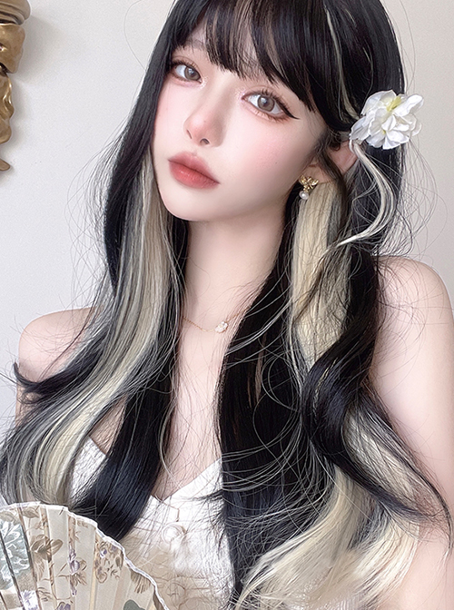 Personalized Beige Color Matching Black Simplicity Wavy Curl Sweet Lady Air Bangs Classic Lolita Long Curly Hair Wigs