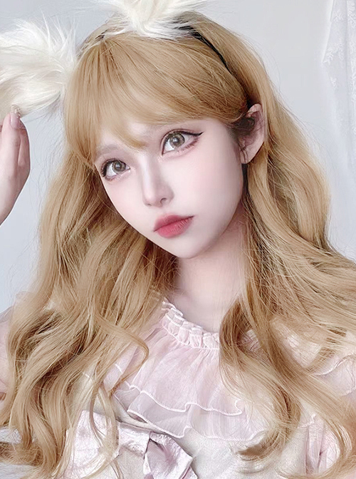 Elegant Golden Sweet Medium-Length Big Waves Curl Nature Bangs Classic Lolita Wigs