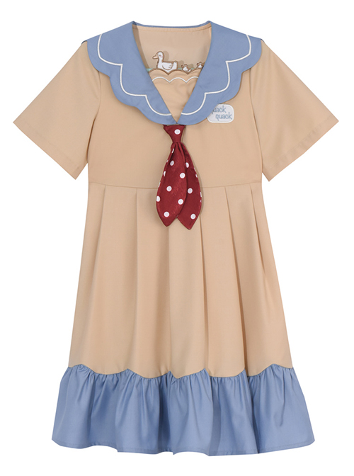 Sweet College Style Duck Pattern Decoration Square Collar Khaki A Version Short Sleeve Classic Lolita Kid Dress