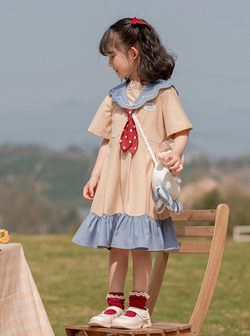 Sweet College Style Duck Pattern Decoration Square Collar Khaki A Version Short Sleeve Classic Lolita Kid Dress