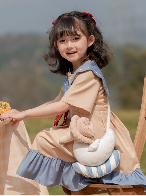 Sweet College Style Duck Pattern Decoration Square Collar Khaki A Version Short Sleeve Classic Lolita Kid Dress