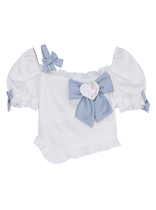 Lolita Alice Cartoon Pattern Brooch Decoration Blue Bow Knots White Cropped Kid Top