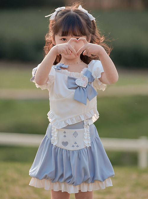 Lolita Alice Cartoon Pattern Brooch Decoration Blue Bow Knots White Cropped Kid Top