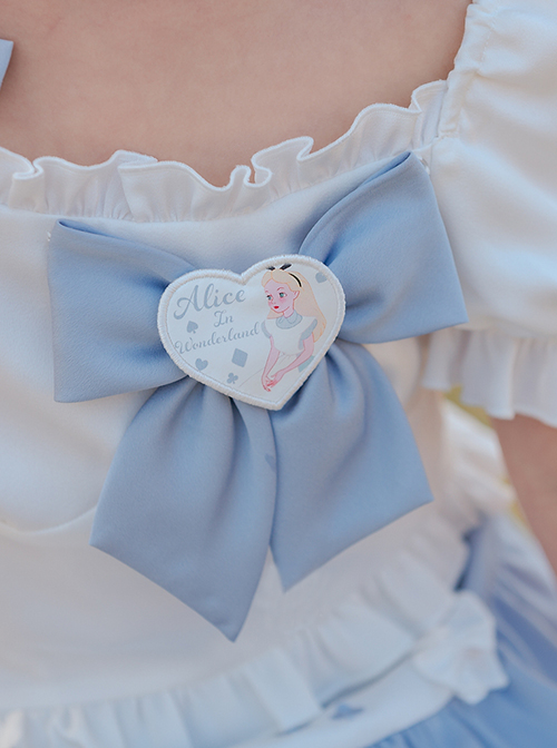 Lolita Alice Cartoon Pattern Brooch Decoration Blue Bow Knots White Cropped Kid Top