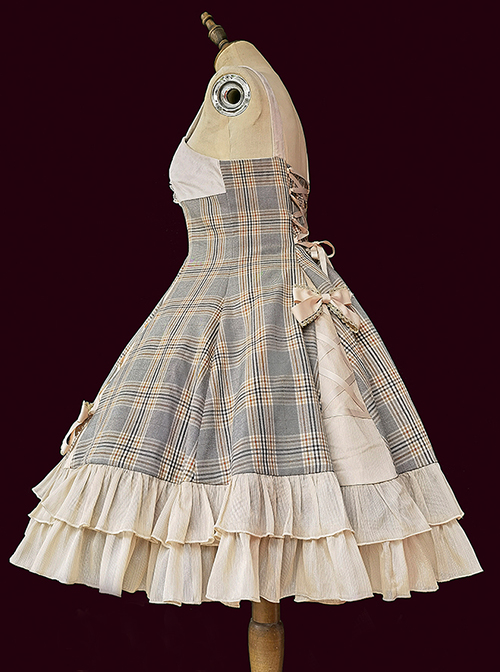 Backlight Memories Record Grey Khaki Check Design Cross Tie Bow Knots Grace Pleated Lace Classic Lolita Slip Dress