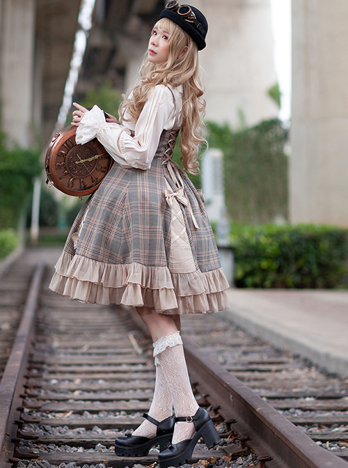 Backlight Memories Record Grey Khaki Check Design Cross Tie Bow Knots Grace Pleated Lace Classic Lolita Slip Dress