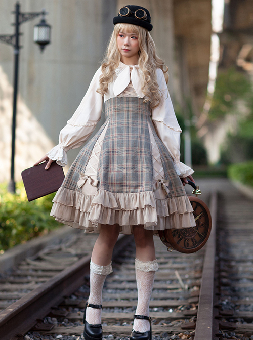 Backlight Memories Record Grey Khaki Check Design Cross Tie Bow Knots Grace Pleated Lace Classic Lolita Slip Dress