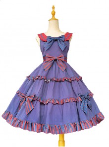 Britney Series Red And Blue Striped Pleated Lace Trim Square Neckline Design Polka Dot Bow Knots Classic Lolita Sleeveless Dress