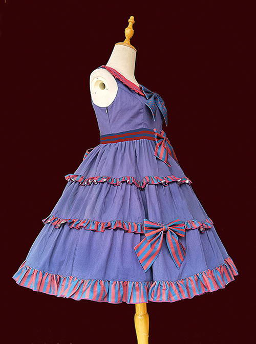Britney Series Red And Blue Striped Pleated Lace Trim Square Neckline Design Polka Dot Bow Knots Classic Lolita Sleeveless Dress