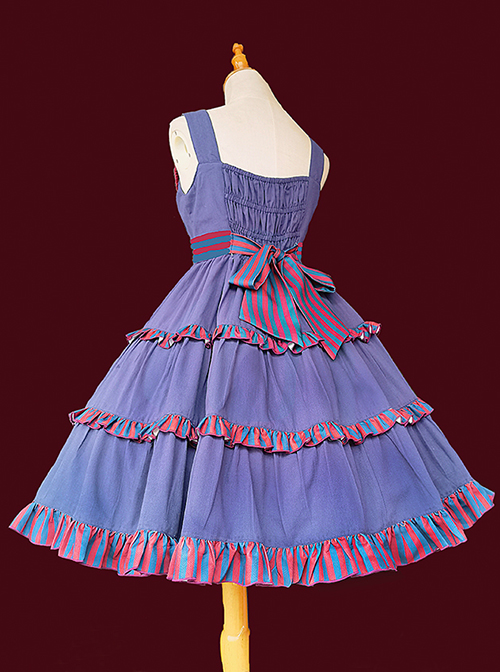 Britney Series Red And Blue Striped Pleated Lace Trim Square Neckline Design Polka Dot Bow Knots Classic Lolita Sleeveless Dress