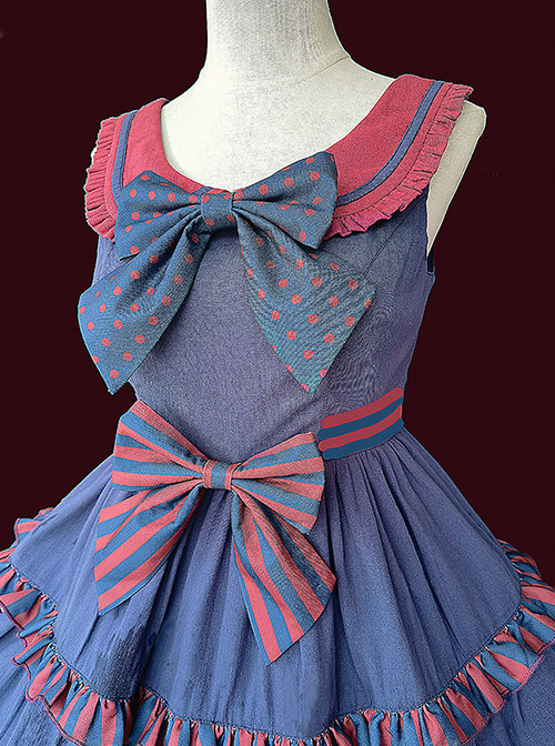 Britney Series Red And Blue Striped Pleated Lace Trim Square Neckline Design Polka Dot Bow Knots Classic Lolita Sleeveless Dress