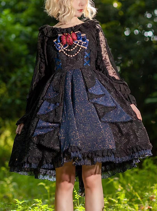 Singer Series Solid Color Pleated Lace Dark Jacquard Trim Neckline Classic Lolita Slip Dress 
