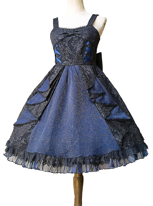 Singer Series Solid Color Pleated Lace Dark Jacquard Trim Neckline Classic Lolita Slip Dress 