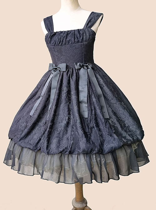 Sasha Bud Series Stretch Chiffon Fabric Bud Shape Folds Hem Design Solid Jacquard Trim Classic Lolita Slip Dress