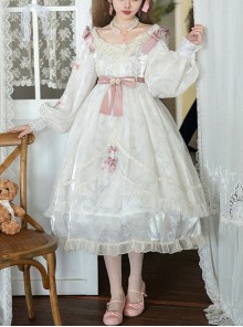 Elegant Vintage White Camellia Pattern Print Decoration Lace Pleated Crew Neck Design Classic Lolita Long Sleeve Dress