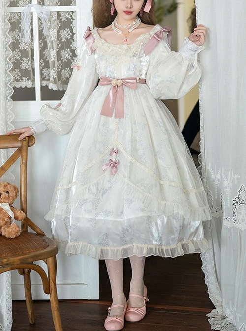 Elegant Vintage White Camellia Pattern Print Decoration Lace Pleated Crew Neck Design Classic Lolita Long Sleeve Dress