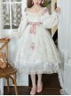 Elegant Vintage White Camellia Pattern Print Decoration Lace Pleated Crew Neck Design Classic Lolita Long Sleeve Dress