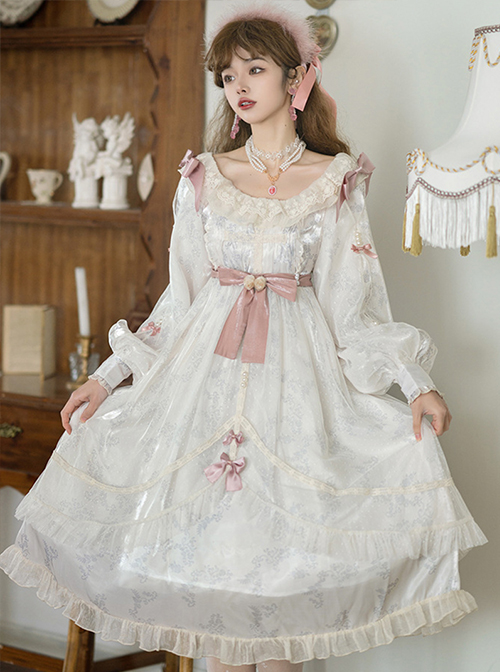 Elegant Vintage White Camellia Pattern Print Decoration Lace Pleated Crew Neck Design Classic Lolita Long Sleeve Dress